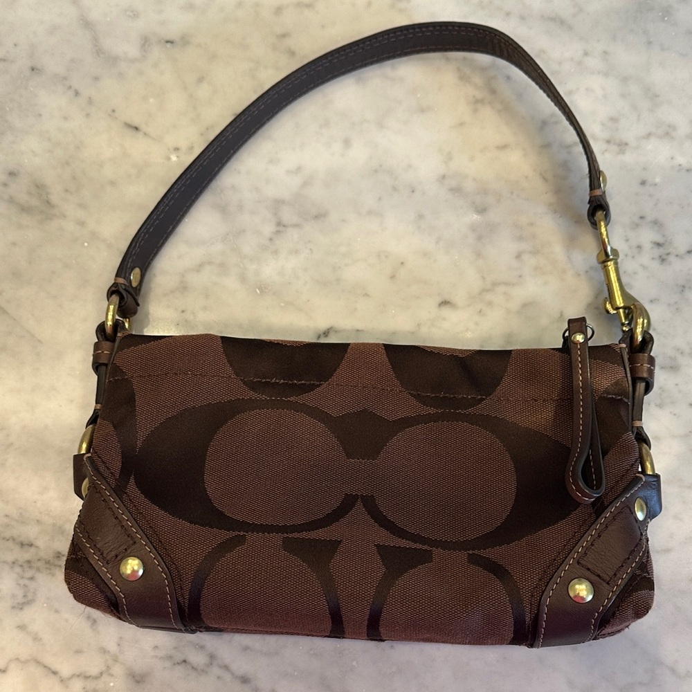 Coach Brown Signature Canvas Shoulder Bag with Leather Trim